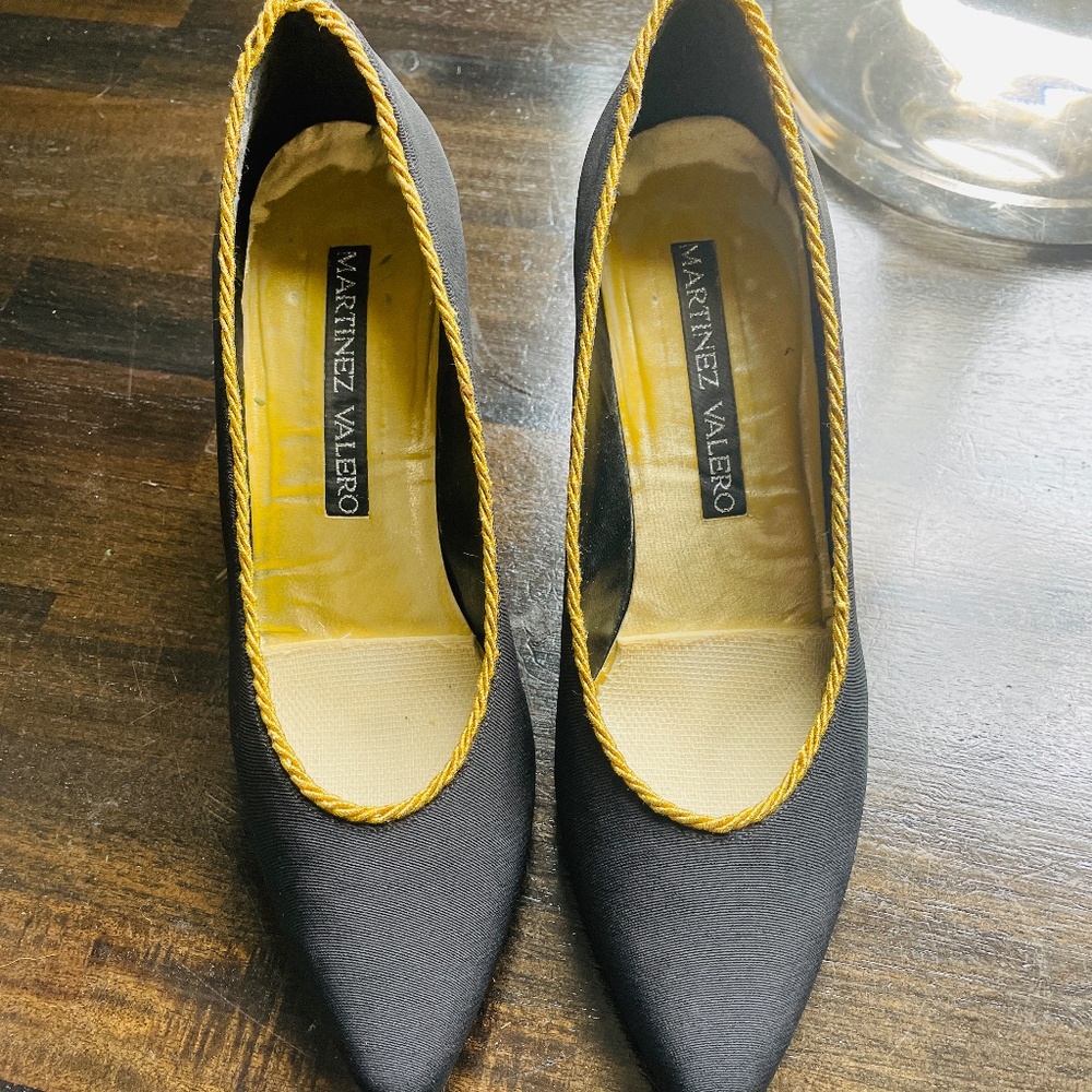 Black satin with gold trim evening shoes, size 8.5
